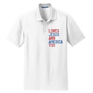 Retro Loves Jesus and America Too God Christian 4th of July Dry Zone Grid Polo