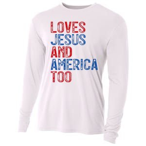 Retro Loves Jesus and America Too God Christian 4th of July Cooling Performance Long Sleeve Crew