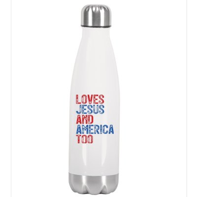 Retro Loves Jesus and America Too God Christian 4th of July Stainless Steel Insulated Water Bottle