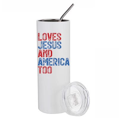 Retro Loves Jesus and America Too God Christian 4th of July Stainless Steel Tumbler