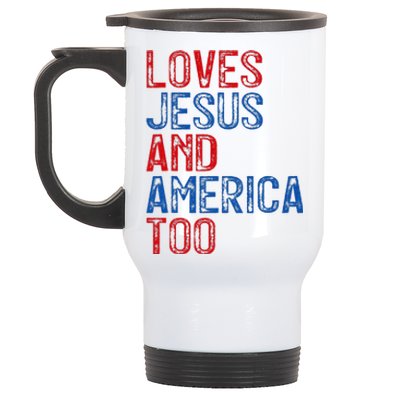 Retro Loves Jesus and America Too God Christian 4th of July Stainless Steel Travel Mug