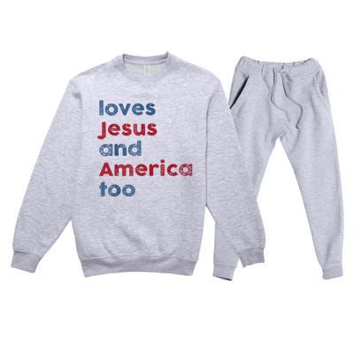 Retro Loves Jesus And America Too God Christian 4th Of July Premium Crewneck Sweatsuit Set