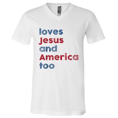 Retro Loves Jesus And America Too God Christian 4th Of July V-Neck T-Shirt