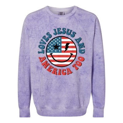 Retro Loves Jesus And America Too God Christian 4th Of July Colorblast Crewneck Sweatshirt