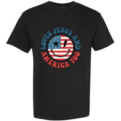 Retro Loves Jesus And America Too God Christian 4th Of July Garment-Dyed Heavyweight T-Shirt