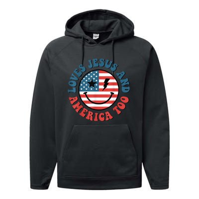 Retro Loves Jesus And America Too God Christian 4th Of July Performance Fleece Hoodie