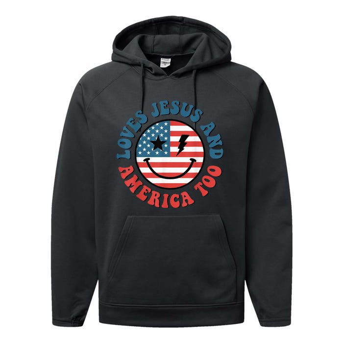 Retro Loves Jesus And America Too God Christian 4th Of July Performance Fleece Hoodie