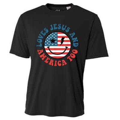 Retro Loves Jesus And America Too God Christian 4th Of July Cooling Performance Crew T-Shirt