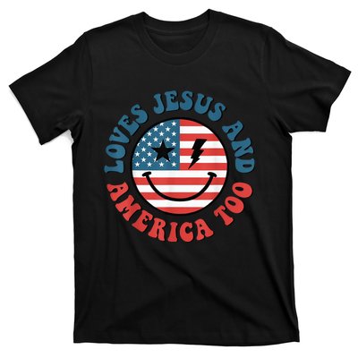 Retro Loves Jesus And America Too God Christian 4th Of July T-Shirt