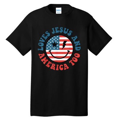 Retro Loves Jesus And America Too God Christian 4th Of July Tall T-Shirt