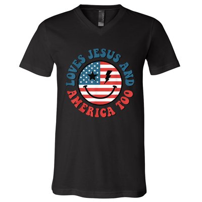 Retro Loves Jesus And America Too God Christian 4th Of July V-Neck T-Shirt