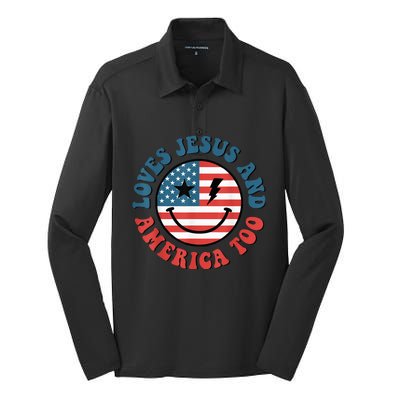 Retro Loves Jesus And America Too God Christian 4th Of July Silk Touch Performance Long Sleeve Polo