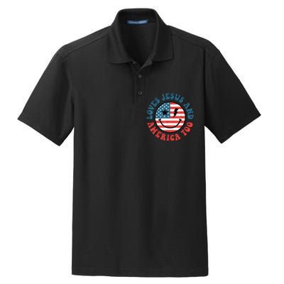 Retro Loves Jesus And America Too God Christian 4th Of July Dry Zone Grid Polo