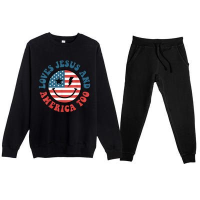 Retro Loves Jesus And America Too God Christian 4th Of July Premium Crewneck Sweatsuit Set