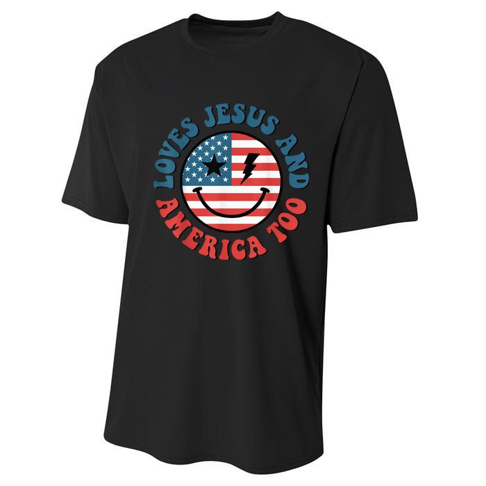 Retro Loves Jesus And America Too God Christian 4th Of July Performance Sprint T-Shirt