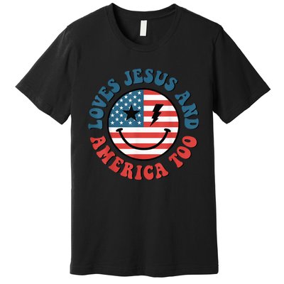 Retro Loves Jesus And America Too God Christian 4th Of July Premium T-Shirt