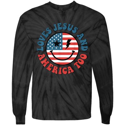 Retro Loves Jesus And America Too God Christian 4th Of July Tie-Dye Long Sleeve Shirt