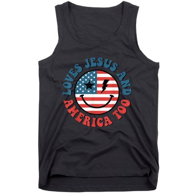 Retro Loves Jesus And America Too God Christian 4th Of July Tank Top