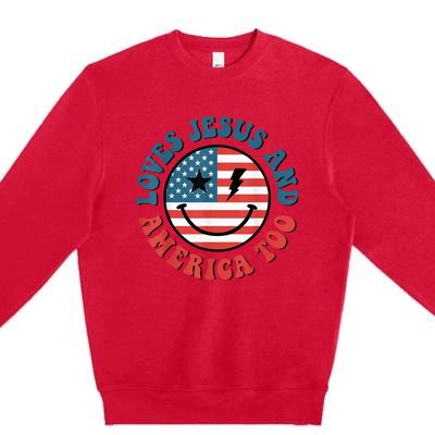 Retro Loves Jesus And America Too God Christian 4th Of July Premium Crewneck Sweatshirt