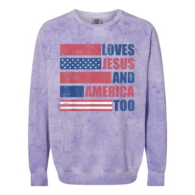 Retro Loves Jesus and America Too God Christian 4th of July Colorblast Crewneck Sweatshirt