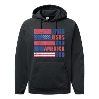 Retro Loves Jesus and America Too God Christian 4th of July Performance Fleece Hoodie