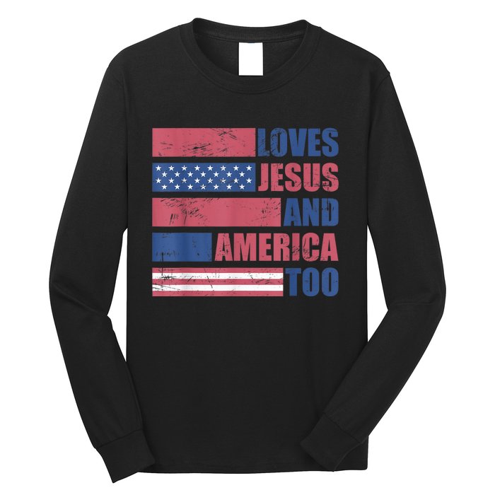 Retro Loves Jesus and America Too God Christian 4th of July Long Sleeve Shirt