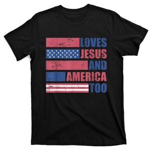 Retro Loves Jesus and America Too God Christian 4th of July T-Shirt