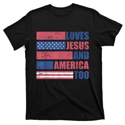 Retro Loves Jesus and America Too God Christian 4th of July T-Shirt