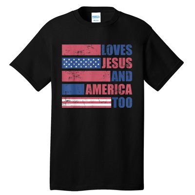 Retro Loves Jesus and America Too God Christian 4th of July Tall T-Shirt