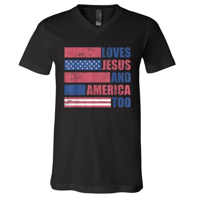 Retro Loves Jesus and America Too God Christian 4th of July V-Neck T-Shirt