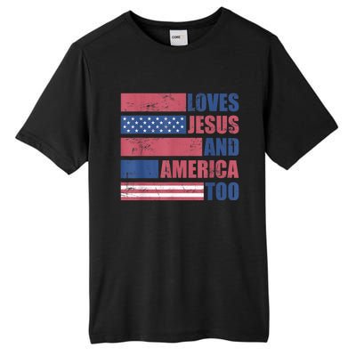 Retro Loves Jesus and America Too God Christian 4th of July Tall Fusion ChromaSoft Performance T-Shirt