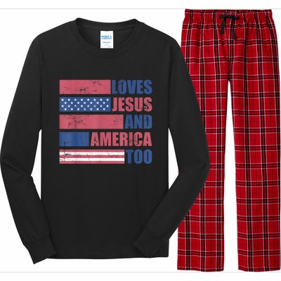 Retro Loves Jesus and America Too God Christian 4th of July Long Sleeve Pajama Set