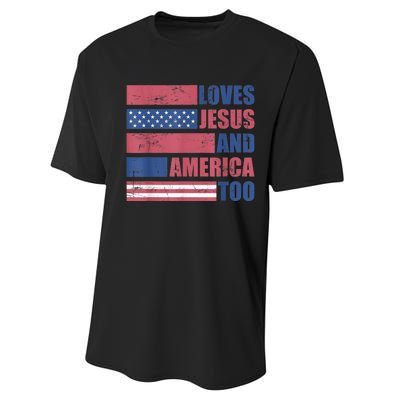 Retro Loves Jesus and America Too God Christian 4th of July Performance Sprint T-Shirt