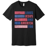 Retro Loves Jesus and America Too God Christian 4th of July Premium T-Shirt