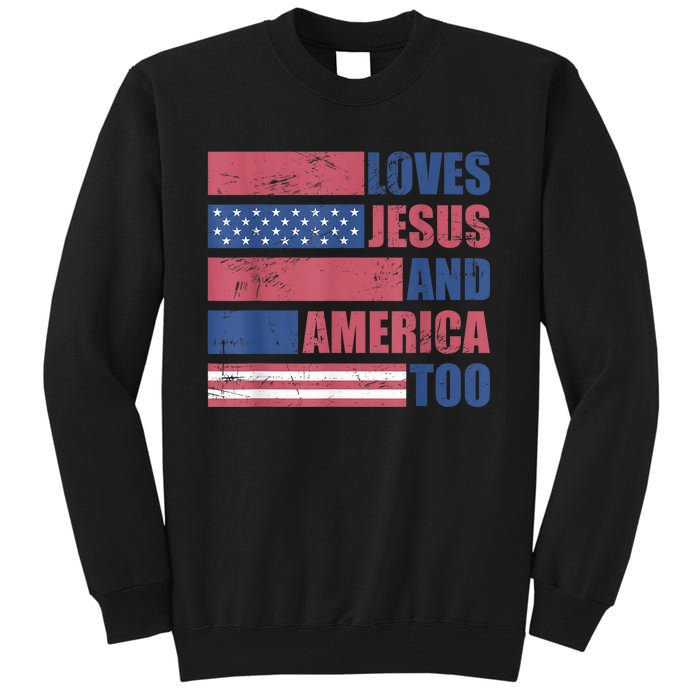 Retro Loves Jesus and America Too God Christian 4th of July Tall Sweatshirt