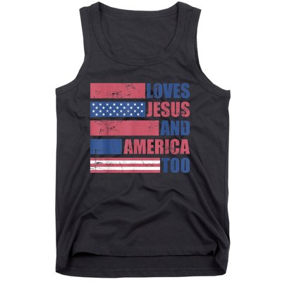 Retro Loves Jesus and America Too God Christian 4th of July Tank Top