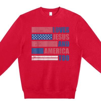 Retro Loves Jesus and America Too God Christian 4th of July Premium Crewneck Sweatshirt