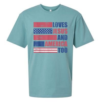 Retro Loves Jesus and America Too God Christian 4th of July Sueded Cloud Jersey T-Shirt