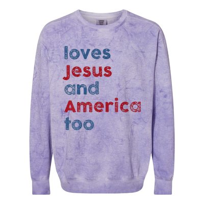 Retro Loves Jesus And America Too God Christian 4th Of July Colorblast Crewneck Sweatshirt