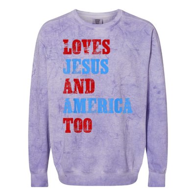 Retro Loves Jesus and America Too God Christian 4th of July Colorblast Crewneck Sweatshirt