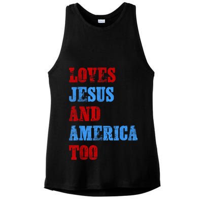 Retro Loves Jesus and America Too God Christian 4th of July Ladies PosiCharge Tri-Blend Wicking Tank