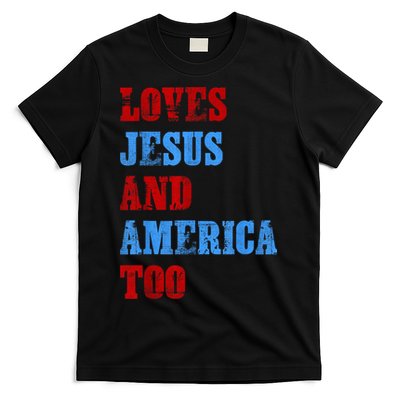 Retro Loves Jesus and America Too God Christian 4th of July T-Shirt
