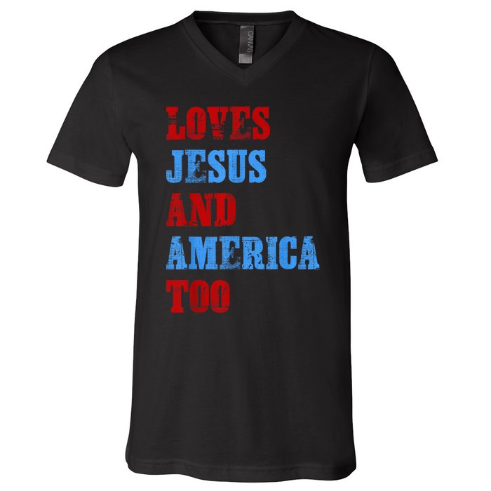 Retro Loves Jesus and America Too God Christian 4th of July V-Neck T-Shirt