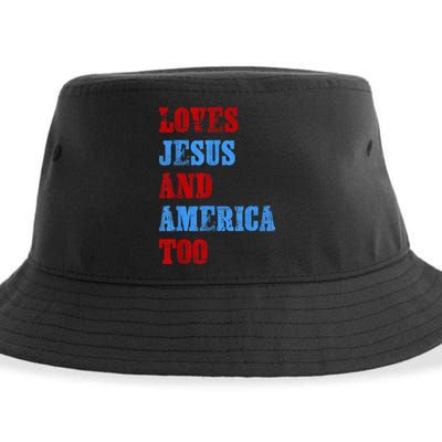 Retro Loves Jesus and America Too God Christian 4th of July Sustainable Bucket Hat
