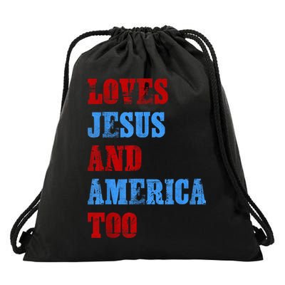 Retro Loves Jesus and America Too God Christian 4th of July Drawstring Bag