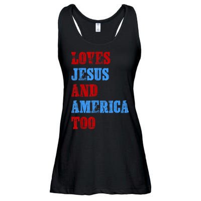 Retro Loves Jesus and America Too God Christian 4th of July Ladies Essential Flowy Tank