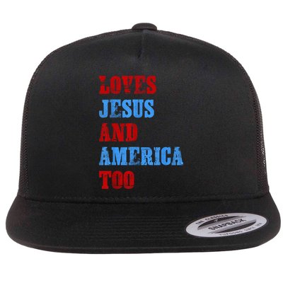 Retro Loves Jesus and America Too God Christian 4th of July Flatbill Hat