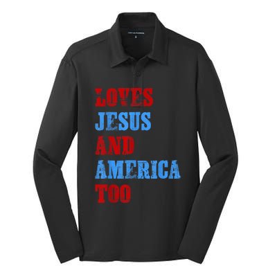 Retro Loves Jesus and America Too God Christian 4th of July Silk Touch Performance Long Sleeve Polo