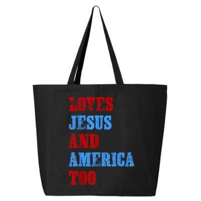 Retro Loves Jesus and America Too God Christian 4th of July 25L Jumbo Tote