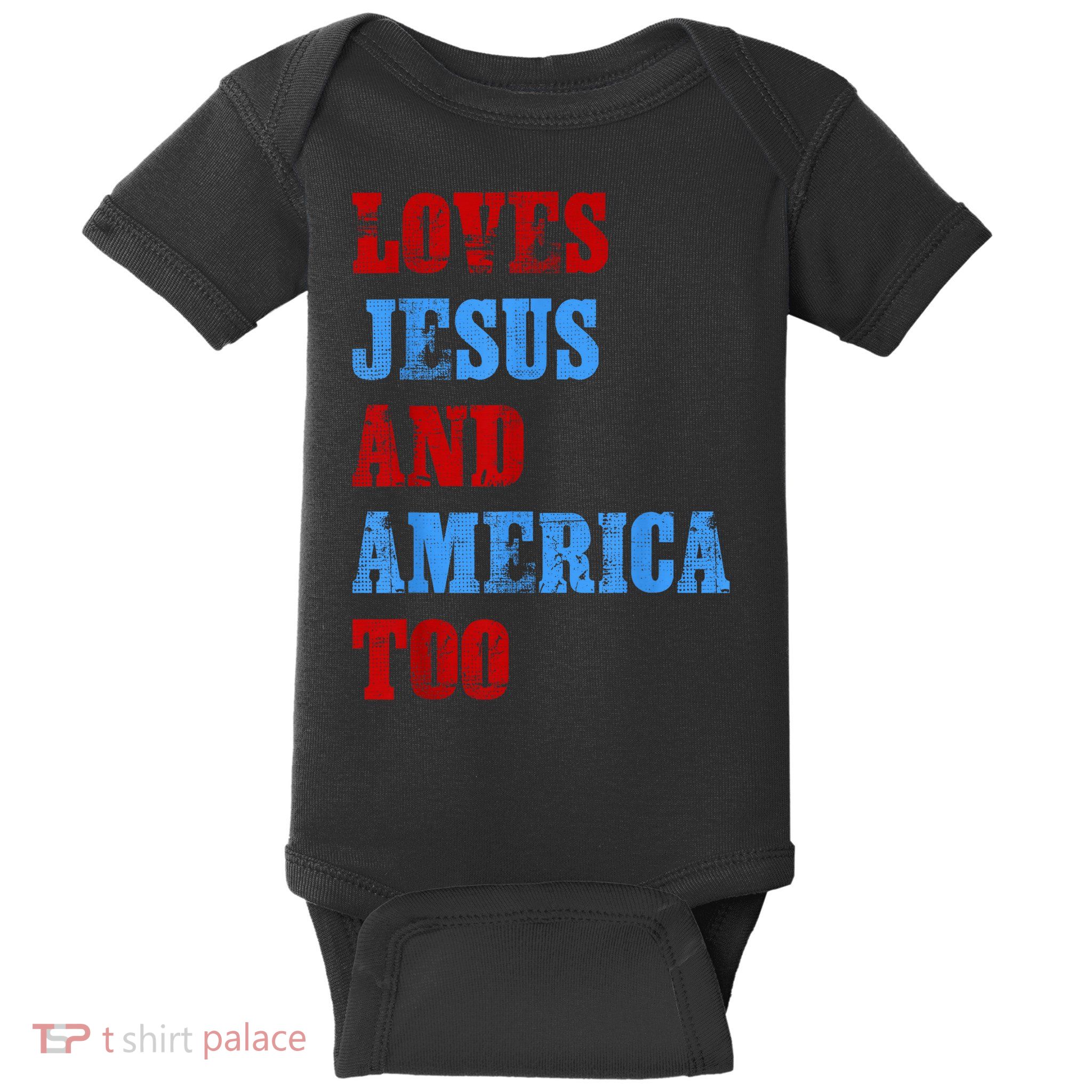 Retro Loves Jesus and America Too God Christian 4th of July Baby Bodysuit